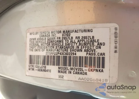 2003 Toyota Camry Solara Sle V6 z USA, uszkodzony, nr VIN 2T1FF22P43C602294